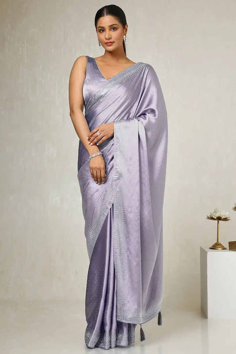 Light Purple Satin Embellished Saree With Stone Work